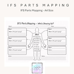 May include: A white A4-sized worksheet titled "IFS Parts Mapping - Who's Showing Up?" features a diagram of a human figure with labeled sections for self-reflection. The worksheet includes prompts for identifying and understanding different parts of the self.