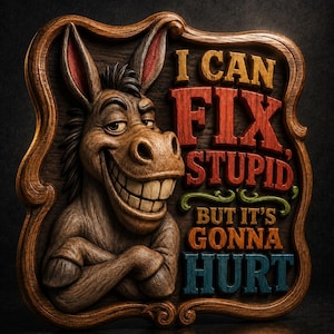 May include: Wooden plaque with a smiling donkey and the text "I CAN FIX STUPID BUT IT'S GONNA HURT" in colorful letters. The words "STL Model" are at the top. The plaque has a rustic, carved appearance.