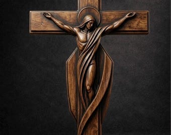 May include: A detailed wooden sculpture of a crucifix with the text "STL Model" in gold lettering. The sculpture depicts a figure with outstretched arms, draped in flowing fabric, against a dark background. The cross is made of wood.