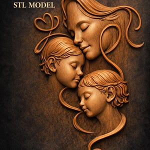 Mother and Children 3D Relief STL | CNC Carving, Wall Art (Digital Download)