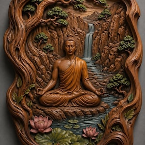 May include: A detailed wooden carving of a meditating Buddha in a serene landscape. The artwork features a waterfall, trees, and lotus flowers, all within a carved wooden frame. The Buddha is depicted in a seated position, with a calm expression.
