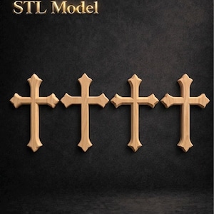 Könnte beinhalten: Vier Holzkreuze mit hellbraunem Finish sind horizontal vor einem dunklen, strukturierten Hintergrund angeordnet. Der Text "STL Model" ist oben in Gold dargestellt. Die Kreuze haben ein klassisches christliches Design.