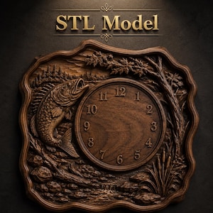 May include: A brown wooden clock with a carved design of a fish, trees, and water. The clock face displays numbers 1 to 12. The words "STL Model" are at the top. The clock has a rustic appearance and is likely made of wood.