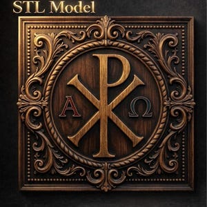May include: A detailed wooden carving featuring the Chi Rho symbol within a circle, surrounded by ornate scrollwork. The letters Alpha and Omega are also visible. The text "STL Model" is at the top. The carving is a warm brown color.