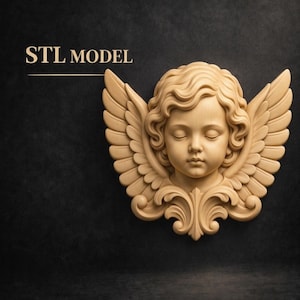 Puede incluir: Una cabeza de querubín de madera tallada con los ojos cerrados y alas detalladas. El querubín es de color beige claro, sobre un fondo oscuro. El texto "STL MODEL" está encima del querubín. Es probable que sea un elemento decorativo o un modelo 3D.
