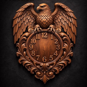 May include: A wooden wall clock featuring a carved eagle with outstretched wings. The clock face is circular with Roman numerals and ornate detailing. The text "STL Model" is at the top.
