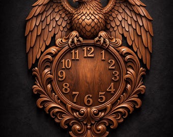 May include: A wooden wall clock featuring a carved eagle with outstretched wings. The clock face is circular with Roman numerals and ornate detailing. The text "STL Model" is at the top.