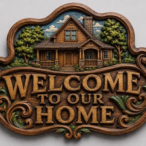 May include: A wooden welcome sign with a carved house scene. The sign reads "WELCOME TO OUR HOME" in raised, gold-colored letters. The house is brown with a stone chimney, surrounded by trees and a blue sky.