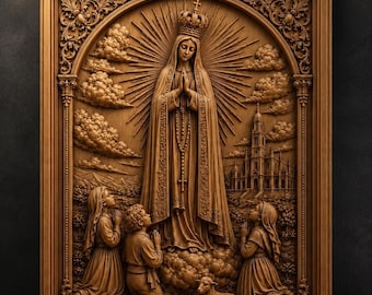May include: A detailed wooden relief sculpture featuring a religious scene. The central figure is a woman wearing a crown, surrounded by rays of light, with figures kneeling in prayer. The text "STL Model" is at the top.