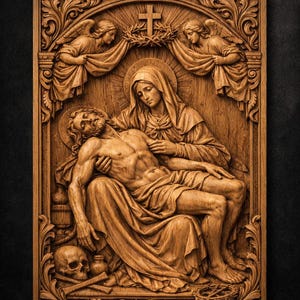 May include: A detailed wooden relief sculpture depicting a religious scene. The artwork features figures of angels, a woman, and a man, with the text "STL Model" at the top. The relief is carved with intricate details and is presented in a rectangular frame.