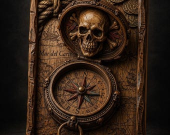 May include: A rectangular wooden plaque featuring the text STL Model at the top. The surface displays a carved map labeled Mar del Caribe, a compass, a skull with crossbones, rope detailing, and several gold coins scattered around the base.