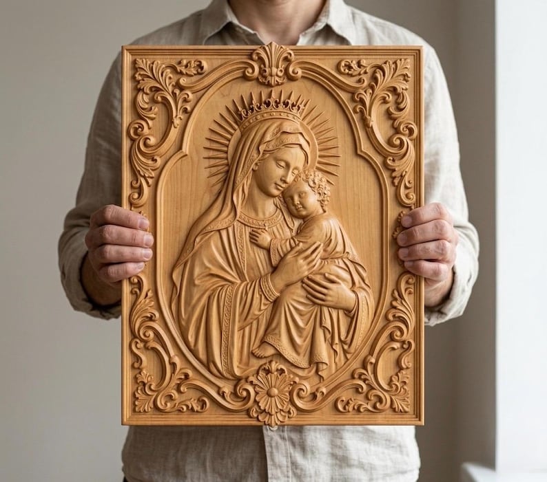 May include: A rectangular light brown wooden wall plaque featuring a detailed relief carving of a woman holding a child. The central figures are surrounded by an ornate, symmetrical scrollwork border with decorative floral and leaf motifs.
