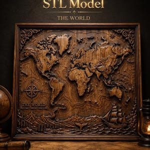 May include: A rectangular wooden wall art piece featuring a detailed 3D relief map of the world. The carving includes a compass rose, a sailing ship, and the text THE WORLD EXPLORE DREAM DISCOVER. The dark wood finish highlights the topography.