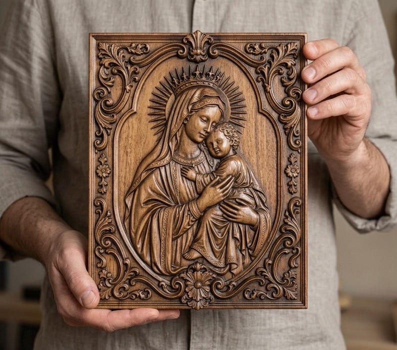 May include: A rectangular wooden wall plaque featuring a detailed relief carving of the Virgin Mary holding the infant Jesus. The central figures are enclosed in an oval frame decorated with intricate floral and scrollwork patterns in dark wood.