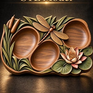 May include: A wooden tray with three oval compartments featuring a carved dragonfly, cattails, and a lotus flower with green lily pads. The text STL Model is displayed at the top of the image in a gold font against a dark background.