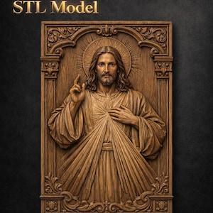 Puede incluir: Escultura en relieve de madera detallada de una figura religiosa, con pelo largo y un halo, levantando una mano. La escultura está enmarcada dentro de un borde rectangular adornado. El texto "STL Model" se muestra en la parte superior.