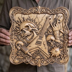 May include: A carved wooden plaque featuring a skull, electric guitar, microphone, and other rock and roll themed elements. The plaque is rectangular with a decorative border and is held by a person.