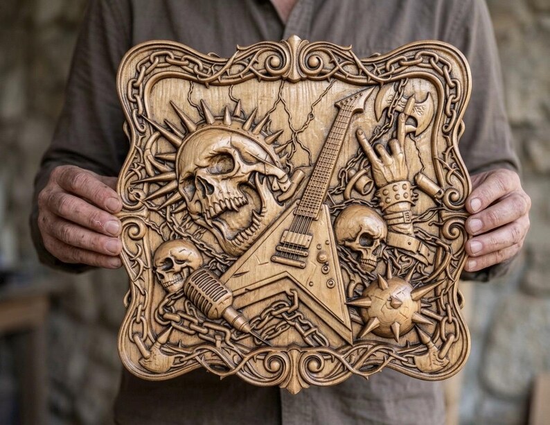 May include: A carved wooden plaque featuring a skull, electric guitar, microphone, and other rock and roll themed elements. The plaque is rectangular with a decorative border and is held by a person.