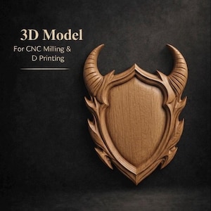 May include: A wooden shield-shaped 3D model with curved horns and decorative edges. The text "3D Model" and "For CNC Milling & D Printing" are displayed on a dark background. The model is made of light brown wood.