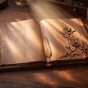 May include: Open wooden book with carved rose and feather details. The right page features a detailed relief of roses and a candle. The left page is blank. A small wooden cube with "3D STL" is visible.