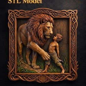 May include: A detailed wooden relief sculpture depicting a lion and a young person in a framed design. The lion, with a flowing mane, stands over the person. The frame has an intricate Celtic knot design. Text at the top reads "STL Model".
