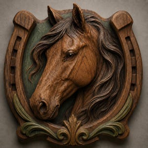 May include: A detailed wooden carving of a horse's head, framed by a horseshoe and decorative elements. The horse has a brown coat and flowing mane. The frame is a dark wood with green and gold accents, creating a rustic, equestrian theme.