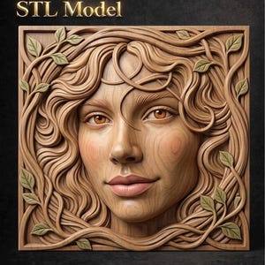 May include: A wooden relief sculpture of a woman's face with flowing hair and leafy vines. The sculpture is in a square frame, with the text "STL Model" at the top. The woman has light skin, rosy cheeks, and brown eyes.