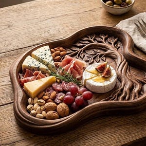 May include: A dark brown wooden serving tray with an organic, irregular shape and a carved tree design on one side. The tray is filled with an assortment of food including blue cheese, brie, prosciutto, salami, red grapes, almonds, and walnuts.