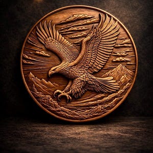 May include: A detailed, circular, bronze-colored relief sculpture featuring an eagle in flight, with outstretched wings. The eagle is set against a backdrop of mountains and clouds. The text "STL Model" is at the top.