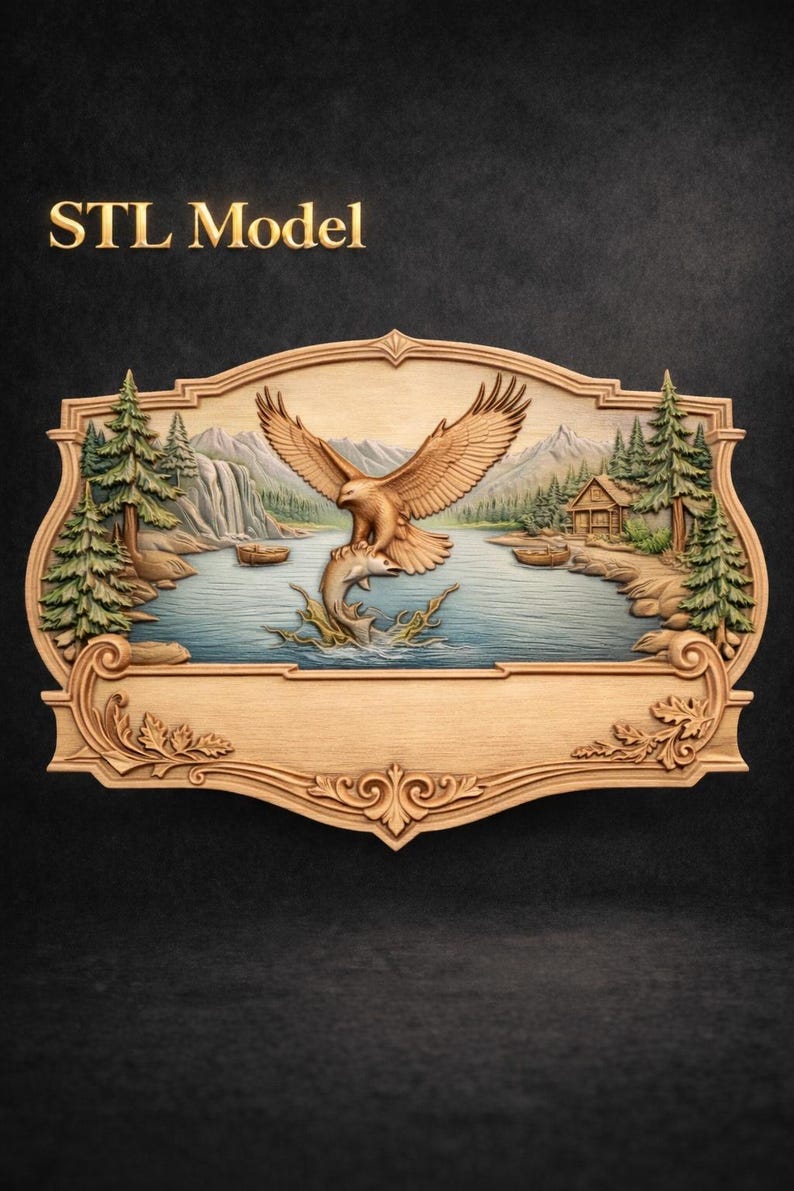 K&ouml;nnte beinhalten: Holzreliefschnitzerei mit einem Adler, der einen Fisch f&auml;ngt, vor dem Hintergrund eines Sees, Bergen und B&auml;umen. Der Text "STL Model" ist in Gold dargestellt. Die Schnitzerei hat einen dekorativen Rahmen.