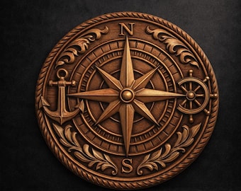 May include: A detailed, circular, wooden compass design with an anchor, ship's wheel, and floral accents. The compass rose points North, South, East, and West. The text "STL Model" is at the top. The design is carved in a warm brown colour.
