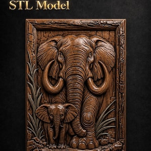 Elephant Mother and Baby STL Model for CNC Wood Carving Relief File