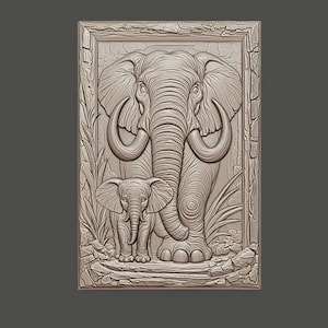 May include: A detailed relief carving of an elephant and its calf, set within a rectangular frame. The adult elephant has large tusks and is positioned behind the calf. The carving is in a neutral, light beige colour, with intricate details.