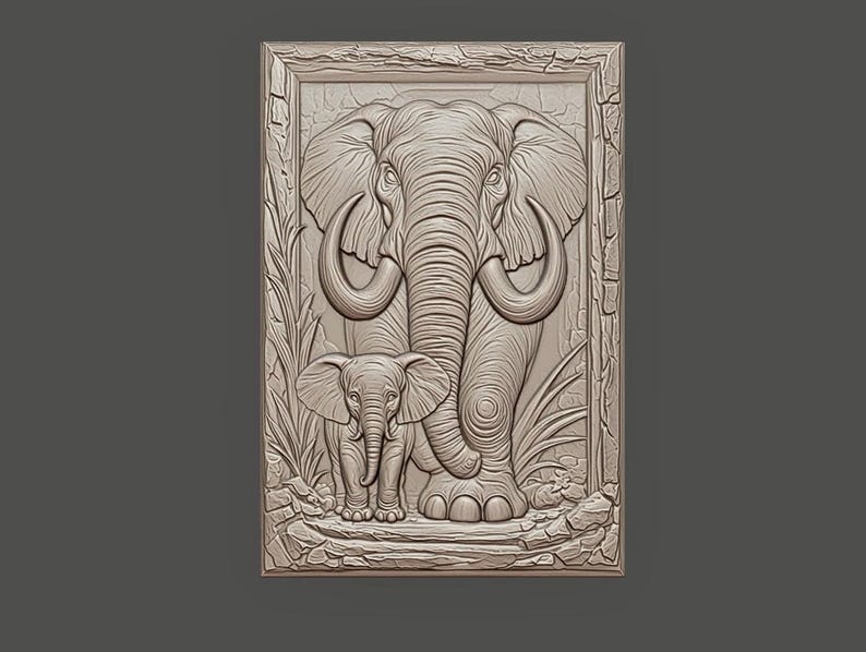 May include: A detailed relief carving of an elephant and its calf, set within a rectangular frame. The adult elephant has large tusks and is positioned behind the calf. The carving is in a neutral, light beige colour, with intricate details.
