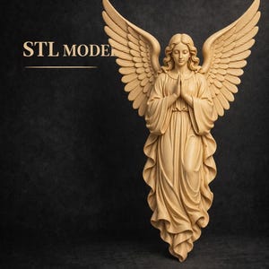 May include: A detailed wooden angel sculpture with outstretched wings and clasped hands. The angel is carved in a light beige color, with intricate details in the wings and flowing robes. The text "STL MODEL" is above the angel.