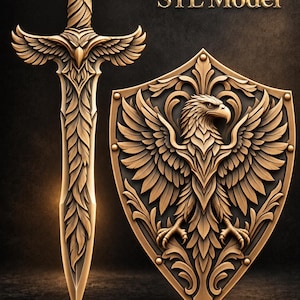 Adlerschwert und Schild (STL-Datei), kunstvolles Wikingerwaffen-Design für CNC-Fräsen