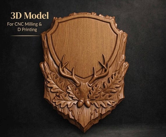 Deer Hunting Trophy STL Model | CNC Router Wood Carving File | Rustic Shield Wall Decor
