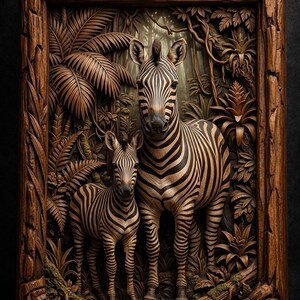 Op de afbeelding: Een gedetailleerde houten reliëfsculptuur met twee zebra's in een jungle-omgeving. De zebra's, een volwassene en een jong dier, zijn weergegeven met ingewikkelde details, die hun kenmerkende zwart-witte strepen laten zien. De lijst bevat de tekst "STL Model".