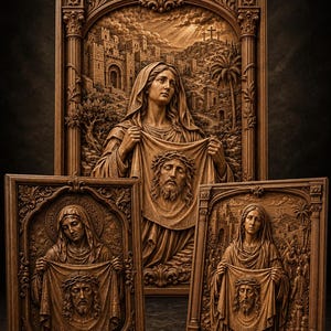 May include: Three rectangular wooden wall plaques featuring a relief carving of a figure holding a cloth with the face of Jesus wearing a crown of thorns. The background depicts a stone city and three crosses on a hill. The text STL Model is visible.