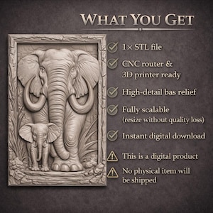May include: A detailed bas-relief sculpture of an elephant and its calf within a rectangular frame. The image is in a neutral colour palette, with the text "WHAT YOU GET" at the top, and bullet points describing the digital product.
