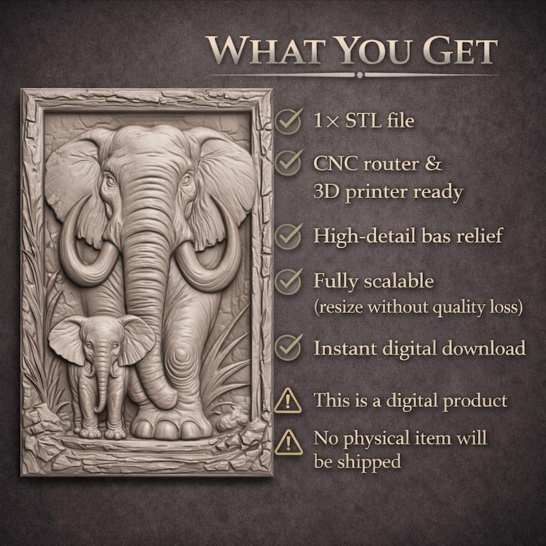 May include: A detailed bas-relief sculpture of an elephant and its calf within a rectangular frame. The image is in a neutral colour palette, with the text "WHAT YOU GET" at the top, and bullet points describing the digital product.