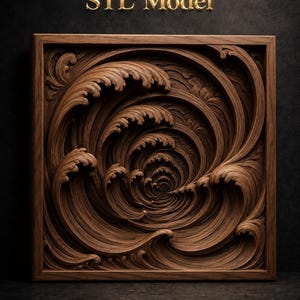 May include: A square wooden relief carving featuring a swirling wave design. The artwork is framed and has a dark brown color. The text "STL Model" is displayed in gold lettering above the carving.