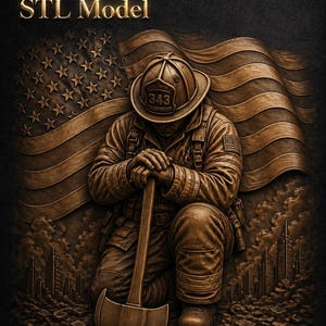 Peut inclure: Illustration en tons bronze d'un pompier agenouillé avec une hache, devant un drapeau américain. L'image comprend le texte "STL Model" en haut et "ALWAYS REMEMBER 9-11-01" en bas, commémorant les événements du 11/09.