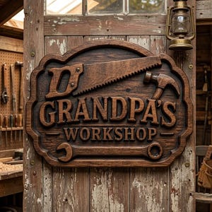 Könnte beinhalten: Ein dunkelbraunes Holzschild mit geschnitztem Rand, das eine Handsäge, einen Hammer und einen Schraubenschlüssel zeigt. Der Text GRANDPA'S WORKSHOP ist mittig in fetten, erhabenen Buchstaben eingearbeitet auf einer verwitterten Holztür.