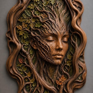 May include: A wooden relief sculpture depicting a woman's face, with closed eyes, intertwined with tree branches and leaves. The sculpture is framed by flowing wooden strands, and the colour palette includes shades of brown, green, and touches of orange.