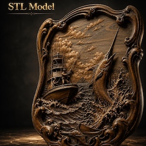 May include: A dark brown wood-toned relief carving featuring a fishing boat with two figures and a large marlin jumping from the water. The scene is framed by ornate, swirling woodwork. The text "STL Model" is visible in the upper left corner.
