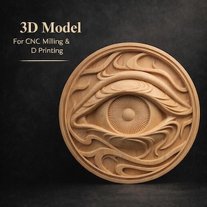 May include: A detailed wooden 3D model of an eye, carved in a circular design. The eye features intricate details, including a radiating iris and surrounding stylized waves. Text at the top reads "3D Model" and below "For CNC Milling & D Printing".