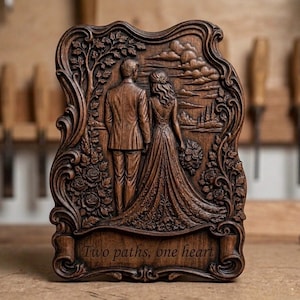 Könnte beinhalten: Eine dunkelbraune Holztafel mit einem Reliefschnitzwerk eines Paares, das zusammensteht. Die Szene zeigt einen Baum, Rosen und eine Landschaft mit Wolken. Unten befindet sich ein Schriftrollenmotiv mit dem eingravierten Text: Two paths, one heart.