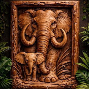 May include: A detailed wooden relief carving of an elephant and a baby elephant within a rectangular frame. The carving is brown with visible wood grain and the text "STL Model" in gold. Lush green foliage surrounds the frame.
