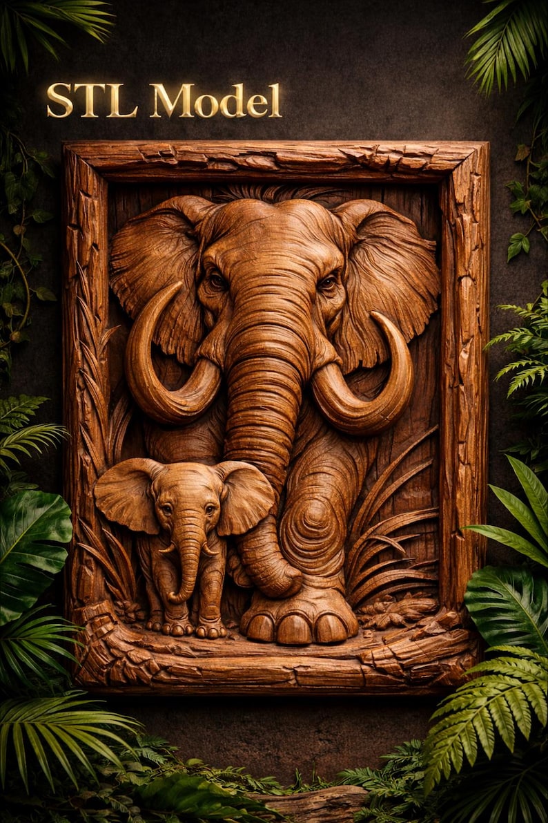 May include: A detailed wooden relief carving of an elephant and a baby elephant within a rectangular frame. The carving is brown with visible wood grain and the text "STL Model" in gold. Lush green foliage surrounds the frame.